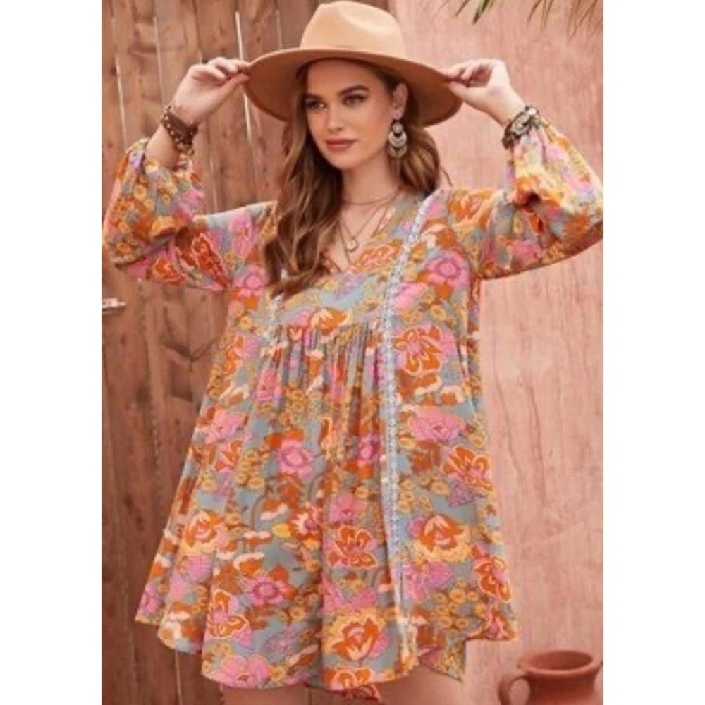 Rusttydustty Floral Mini Dress Sz M Orange Pink Lace Trim Boho Beach
